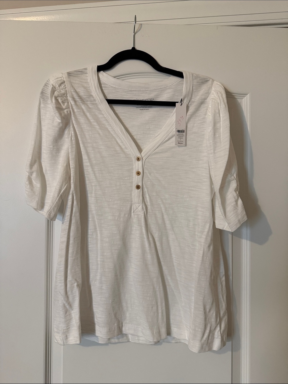 Chico's White Puff Sleeve V-Neck Henley Top